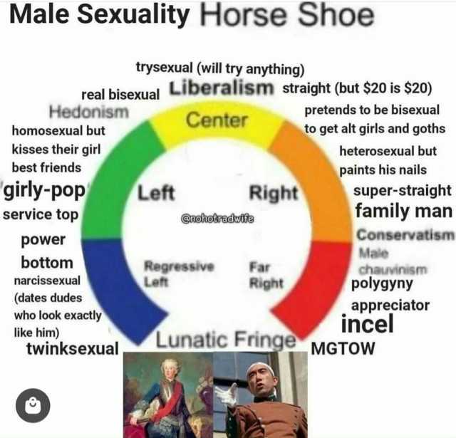 Male Sexuality Horse Shoe trysexual (will try anything) real bisexualDeralism straight (but $20 is $20) Center Hedonism pretends to be bisexual homosexual but to get alt girls and goths kisses their girl best friends heterosexual 