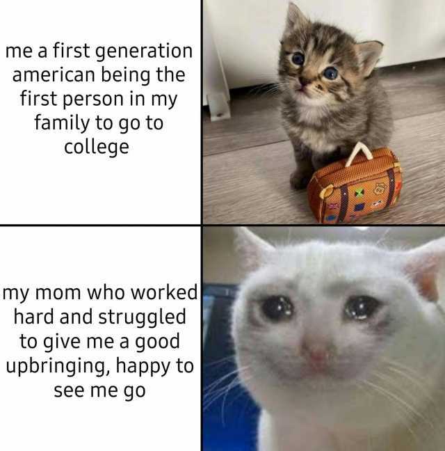 me a first generation american being the first person in my family to go to college my mom who worked hard and struggled to give me a good upbringing happy to see me go