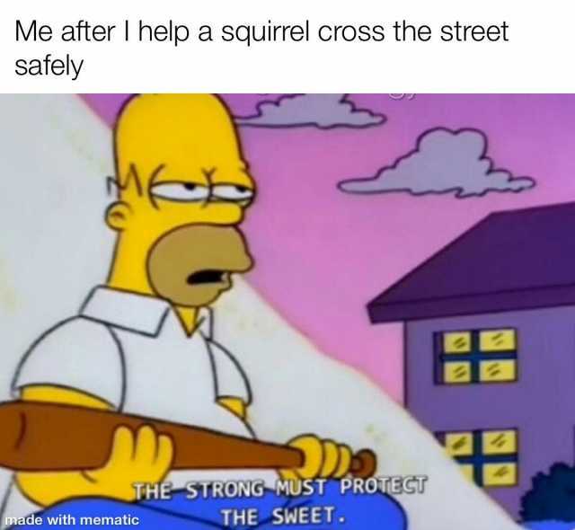 Me after I help a squirrel cross the street safely HE STRONG MUST PROTEGT made with mematic THE SWEET.
