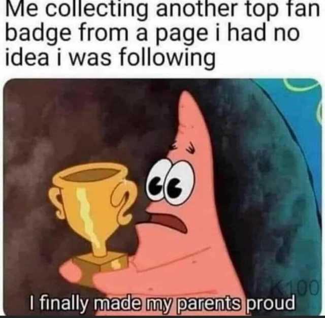 Me collecting another top fan badge from a page i had no idea i was following Ifinally made my parents proud