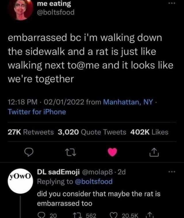 me eating @boltsfood embarrassed be im walking down the sidewalk and a rat is just like walking next to@me and it looks like were together 1218 PM 02/01/2022 from Manhattan NY Twitter for iPhone 27K Retweets 3020 Quote Tweets 402K
