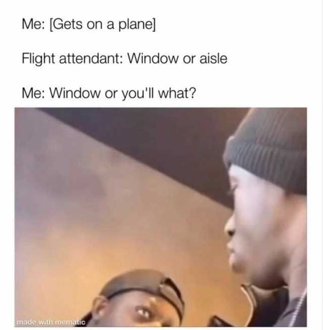 Me [Gets on a plane] Flight attendant Window or aisle Me Window or youll what made with mematic