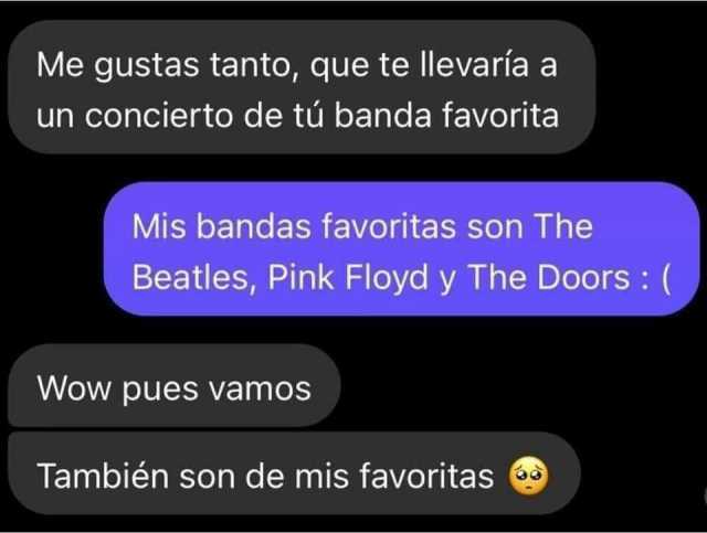 Me gustas tanto que te llevaría a un concierto de tú banda favorita Mis bandas favoritas son The Beatles Pink Floyd y The Doors ( Wow pues vamos También son de mis favoritas