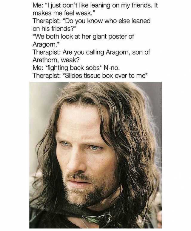 Me l just dont like leaning on my friends. It makes me feel weak. Therapist Do you know who else leaned on his friends We both look at her giant poster of Aragorn.* Therapist Are you calling Aragorn son of Arathorn weak Me *fighti