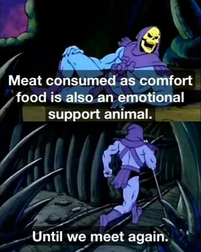 Meat consumed as comfort food is also an emotional support animal. Until we meet again.