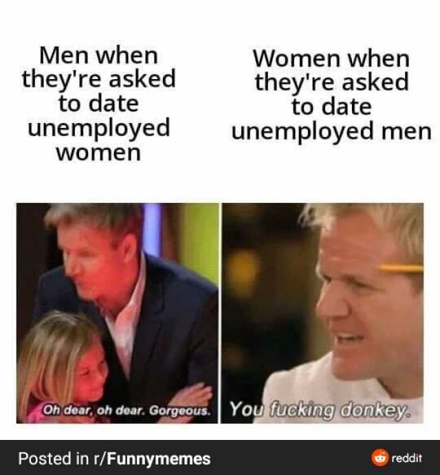 Men when theyre asked to date unemployed Women when theyre asked to date unemployed men women Oh dear oh dear. Gorgeo You fucking donkey Posted in r/Funnymemes reddit