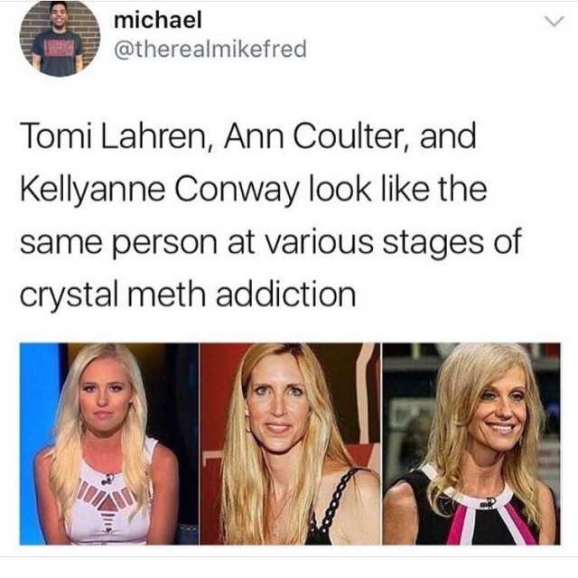 michael @therealmikefred Tomi Lahren, Ann Coulter, and Kellyanne Conway look like the same person at various stages of crystal meth addiction 