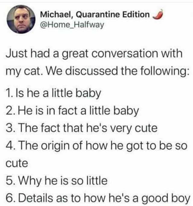 Michael Quarantine Edition. @Home Halfway Just had a great conversation with my cat. We discussed the following 1.Is he a little baby 2.He is in fact a little baby 3. The fact that hes very cute 4. The origin of how he got to be s