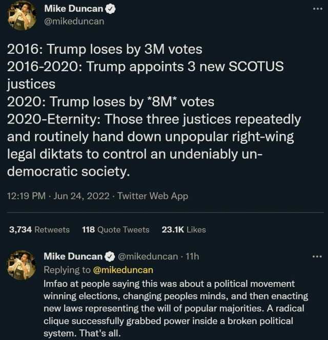 Mike Duncan @mikeduncan 2016 Trump loses by 3M votes 2016-2020 Trump appoints 3 new SCOTUS justices 2020 Trump loses by 8M votes 2020-Eternity Those three justices repeatedly and routinely hand down unpopular right-wing legal dikt