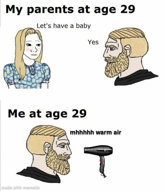 My parents at age 29 Lets have a baby Yes Me at age 29 mhhhhh warm air Rnade with unemaie