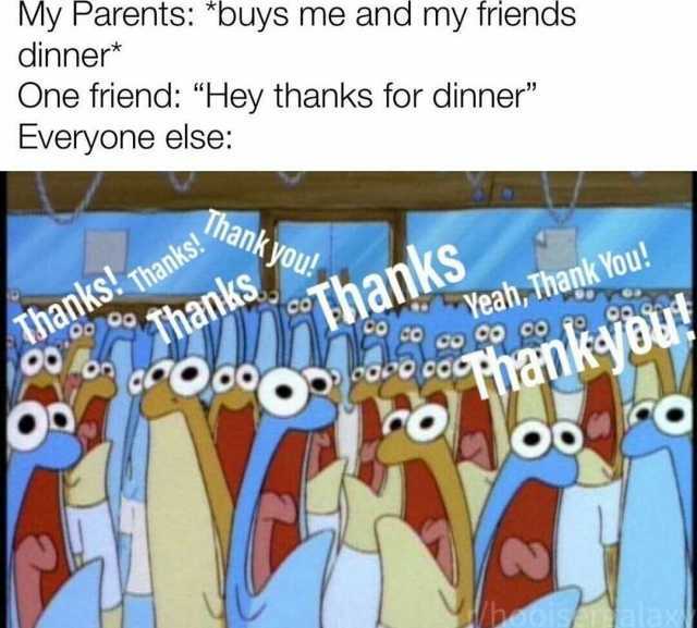 My Parents *buys me and my friends dinner* One friend Hey thanks for dinner Everyone else Thank you! Thanks! thanks! Thanks. 88 Yeah Thank You! Thanks beoisalax