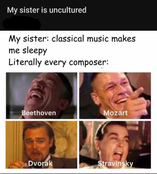 My sister is uncultured My sister classical music makes me sleepy Literally every composer Beethoven Mozart Dvorak Stravinsky