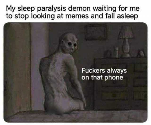 My sleep paralysis demon waiting for me to stop looking at memes and fall asleep Fuckers always on that phone 
