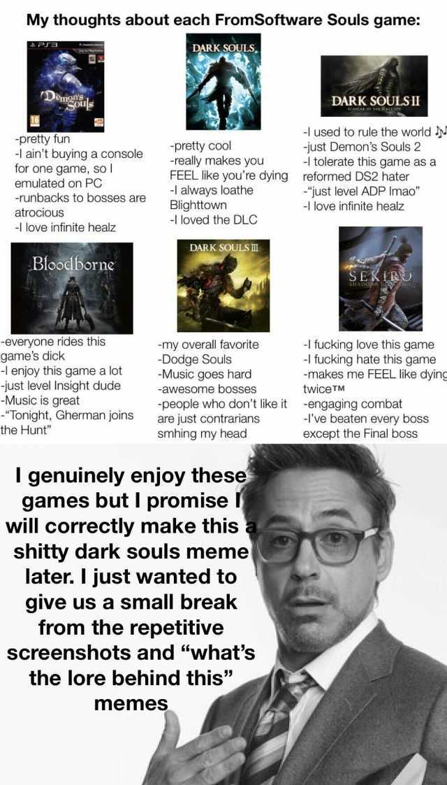 My thoughts about each FromSoftware Souls game DARK SOULS Dels DARK SOULSIH -pretty fun -I aint buying a console for one game sol emulated on PC -runbacks to bosses are -pretty cool -really makes you FEEL like youre dying -I alway