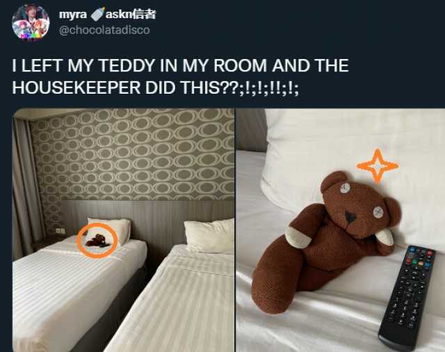 myra asknf @chocolatadisco T LEFT MY TEDDY IN MY ROOMAND THE HOUSEKEEPER DID THIS;!;!;!1;!;
