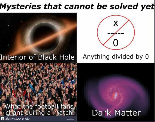 Mysteries that cannot be solved yet X 0 Interior of Black Hole Anything divided by 0 SWhat the football fans chant during a match Dark Matter a alamy stock photo D7NROT www.alamy.com