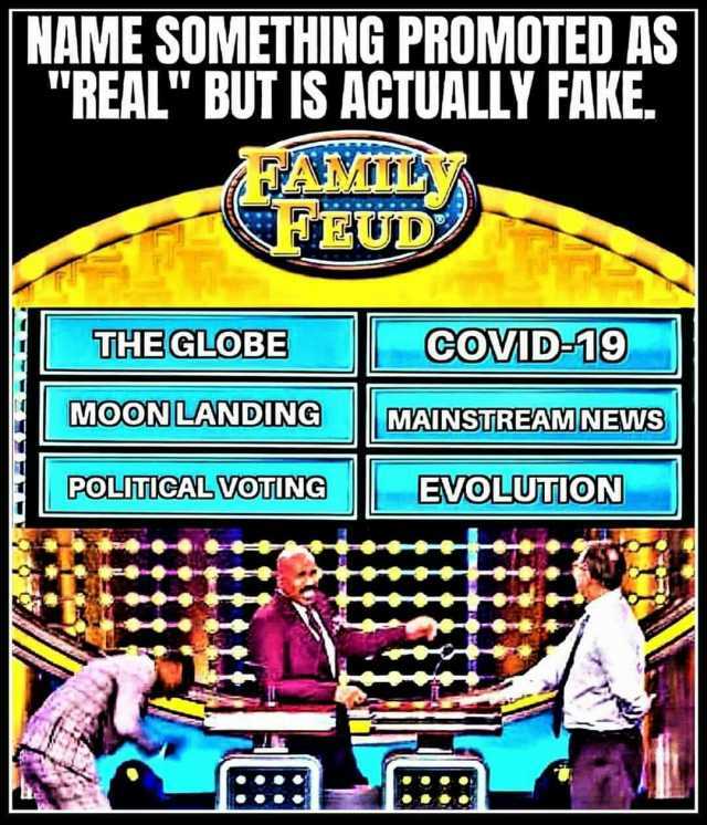 NAME SOMETHING PROMOTED AS REAL BUT IS ACTUALLY FAKE. DAMTE FEUD THE GLOBE COVID-19 MOONLANDING MAINSTREAMNEws POLITICAL VOTING EVOLUTION