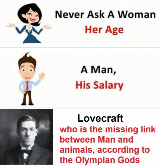 Never Ask A Woman Her Age A Man His Salary Lovecraft who is the missing link between Man and animals according to the Olympian Gods