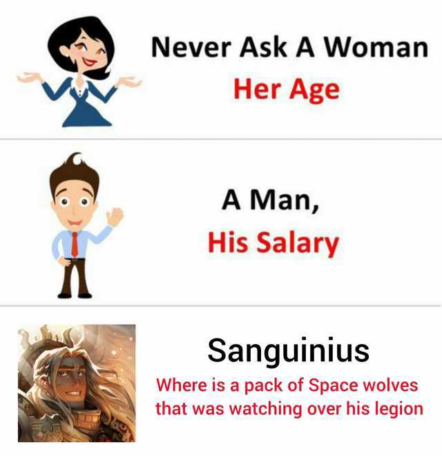 Never Ask A Woman Her Age A Man His Salary Sanguinius Where is a pack of Space wolves that was watching over his legion