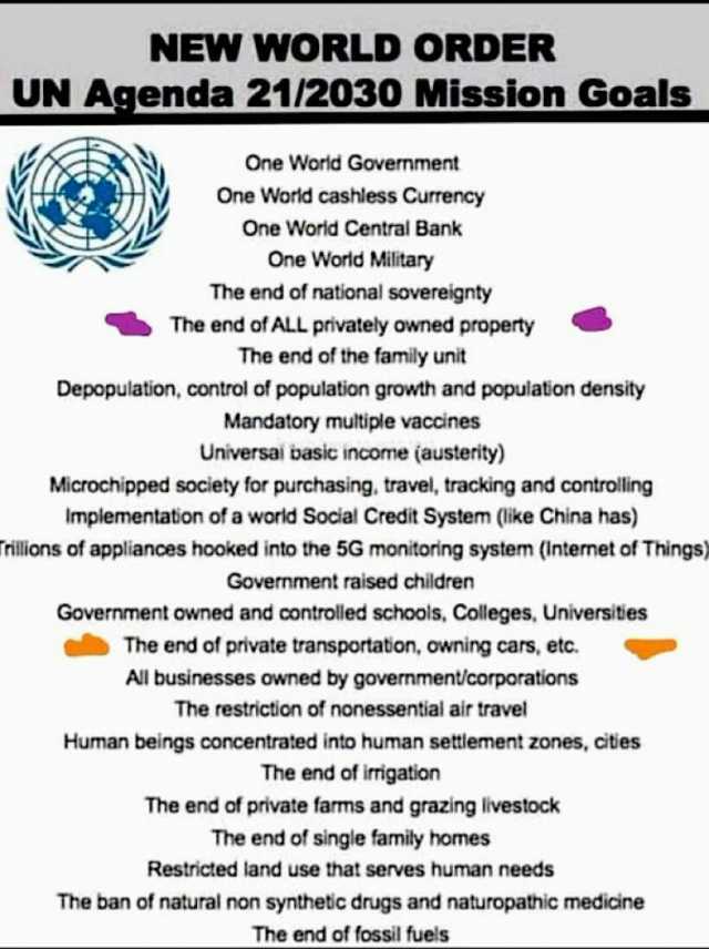 NEW WORLD ORDER UN Agenda 21/2030 Mission Goals One World Government One World cashless Currency One Worid Central Bank One Word Military The end of national sovereignty The end of ALL privately awned property The end of the famil