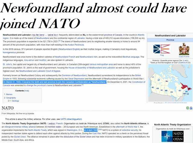 Newloundland almost could have joincd NATO Newfoundland and Labrador (njufen laend.. ebre do.r/; frequently abbreviated as NL) is the easternmost province of Canada in the countrys Atlantic Newfoundland and Labrador region. It is 