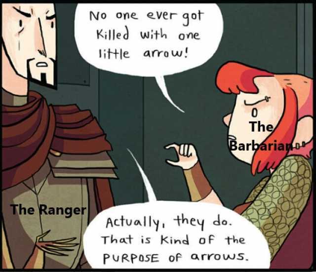 No one ever gor Killed with one litle anro w 0 The Barbariaylo» The Ranger Actually they do. That is Kind of the PURPOSE of arro ws.