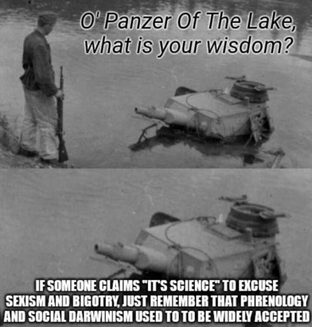 O Panzer 0f The Lake what is your wisdon IF SOMEONE CLAIMS ITS SCIENCETO EXCUSE SEXISM AND BIGOTRY JUST REMEMBER THAT PHRENOLOGY AND SOCIAL DARWINISM USED TO TO BE WIDELY ACCEPTED