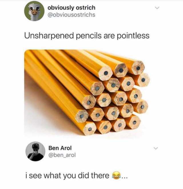 obviously ostrich @obviousostrichs Unsharpened pencils are pointless Ben Arol @ben_arol i see what you did there 