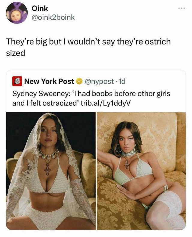 Oink @oink2boink Theyre big but I wouldnt say theyre ostrich sized New York Post @nypost-1d Sydney Sweeney l had boobs before other girls and I felt ostracized trib.al/LylddyV