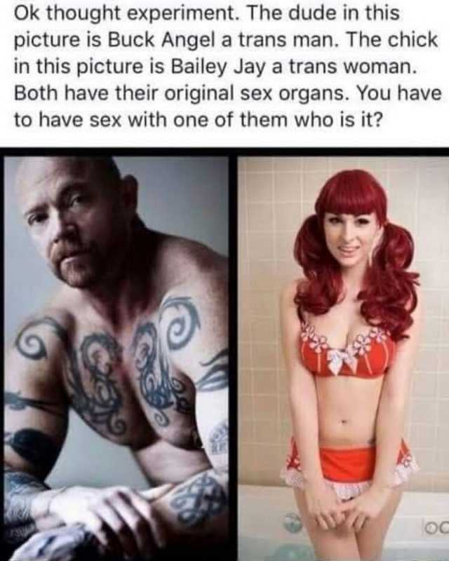 Ok thought experiment. The dude in this picture is Buck Angel a trans man. The chick in this picture is Bailey Jay a trans woman. Both have their original sex organs. You have to have sex with one of them who is it
