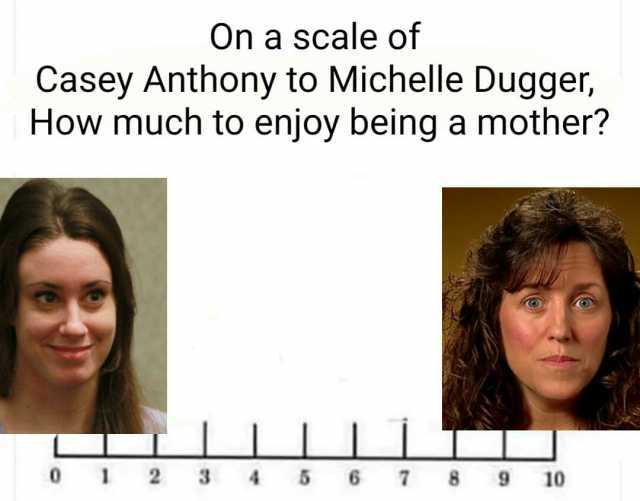 On a scale of Casey Anthony to Michelle Dugger How much to enjoy being a mother 2 5 3 6 7 8 9 10