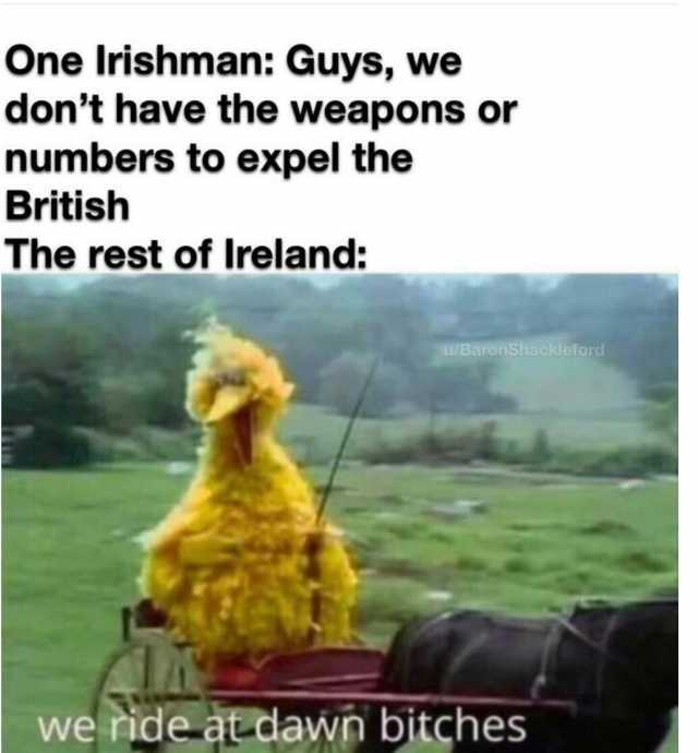 One Irishman Guys we dont have the weapons or numbers to expel the British The rest of Ireland u/BaronsShackleford we ride at dawn bitches