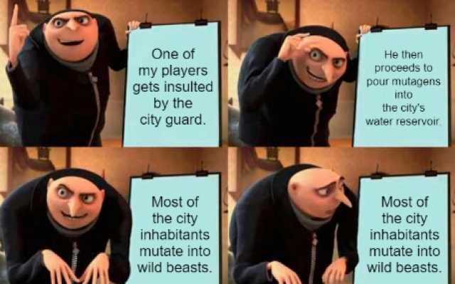 One of He then proceeds to pour mutagens my players gets insulted by the city guard. into the citys water reservoir. Most of the city inhabitants Most of the city inhabitants mutate into mutate into wild beasts. wild beasts.
