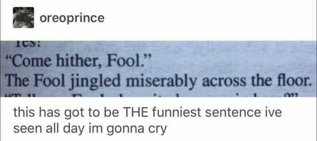 oreoprince CS Come hither Fool. The Fool jingled miserably across the floor. this has got to be THE funniest sentence ive seen all day im gonna cry