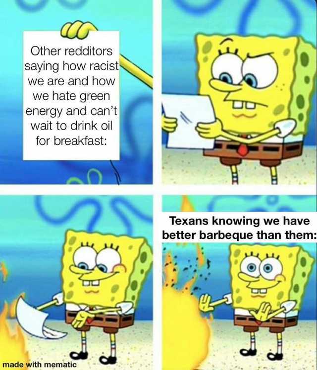Other redditors saying how racist we are and how we hate green energy and cant wait to drink oil DO for breakfast Texans knowing we have better barbeque than them made with mematic