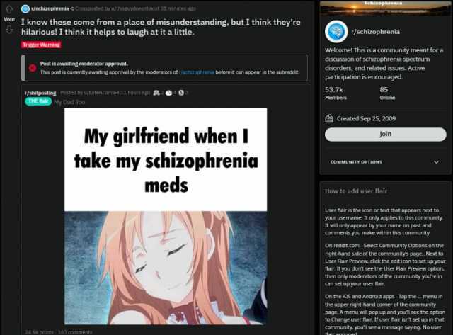 OT/schzophremia crosspo sted by u/trnisguydoes ntexast s5 minuti Iknow these come from a place of misunderstanding but I think theyre Vhilarious! I think it helps to laugh at it a little. t/schizophrenia Trigger Warming wecOme nis