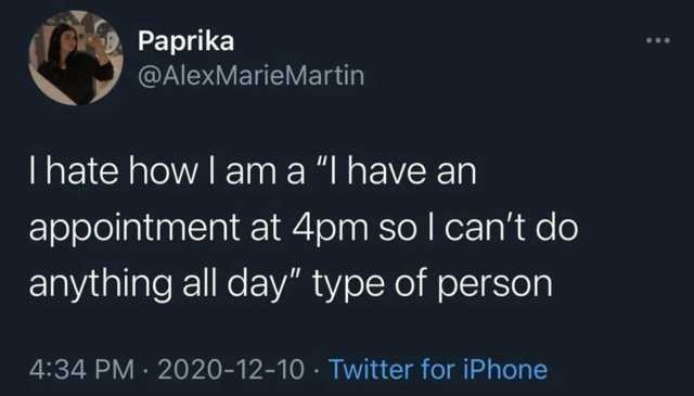 Paprika @AlexMarieMartin Ihate howI am a I have an appointment at 4pm so l cant do anything all day type of person 434 PM 2020-12-10 Twitter for iPhone