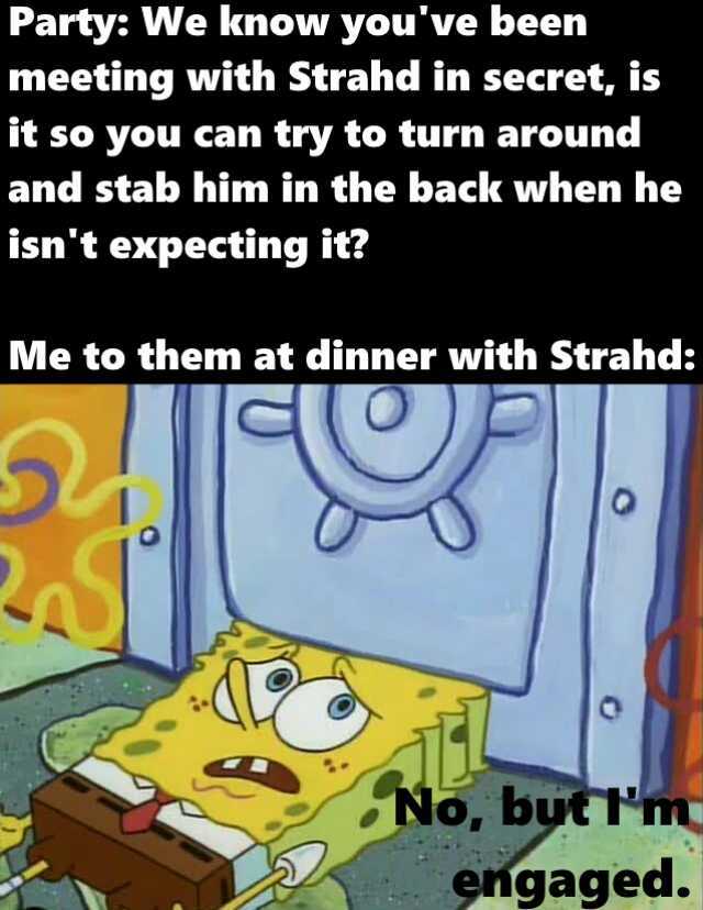 Party We know youve been meeting with Strahd in secret is it so you can try to turn around and stab him in the back when he isnt expecting it Me to them at dinner with Strahd No buEPm engaged.