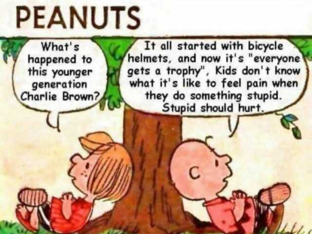 PEANUTS Whats happened to this younger generation Charlie Brown It all started with bicycle helmets and now its everyone gets a trophy Kids don t know what its like to feel pain when they do something stupid. Stupid should hurt. C