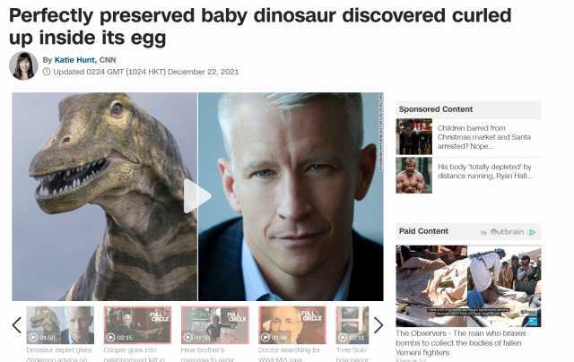 Perfectly preserved baby dinosaur discovered curled up inside its egg By Katie Hunt CNN OUpdated 0224 GMT (1024 HKT) December 22 2021 Sponsored Content Children barred from ChristmaS market and Santa arrested Nope.. His body total