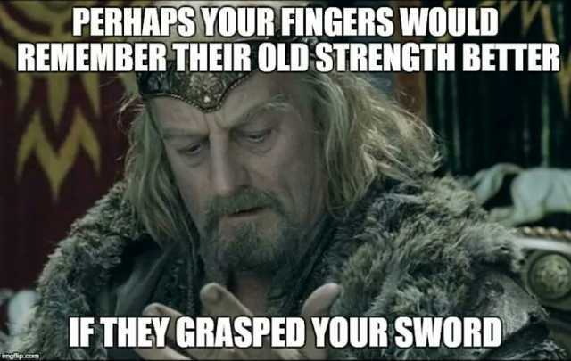 PERHAPS YOUR FINGERS WOULD REMEMBER THEIR OLD STRENGTH BETTER IFTHEY GRASPED YOUR SWORD imgfip.com