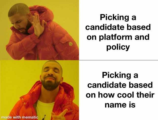 Picking a candidate based on platform and policy Picking a candidate based on how cool their name is made with mematic