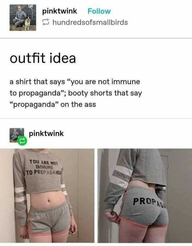 pinktwink Follow hundredsofsmallbirds outfit idea a shirt that says you are not immune to propaganda; booty shorts that say propaganda on the ass pinktwink YOU ARE NOT IMMUNE TO PROPAGAND PROPAG