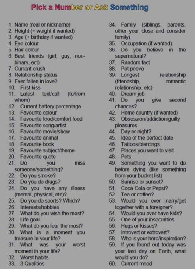 Plck a Number or Ask Something 34. Family (siblings parents other your lose and consider family) 35. Occupation (if wanted) 36. Do you believe in the supernatural 37. Random fact 38. Pet peeve 39. Longest (friendship. relationship