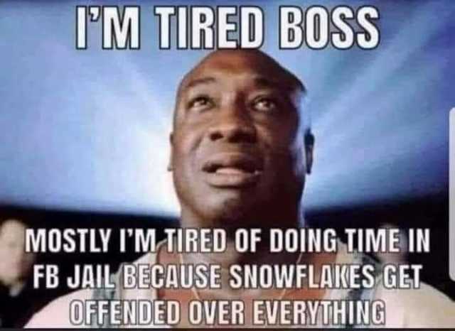 PM TIRED BOSS MOSTLY IMTIRED OF DOING TIME IN FB JAILBECAUSE SNOWFLAKES GEL OFFENDED OVER EVERYTHING