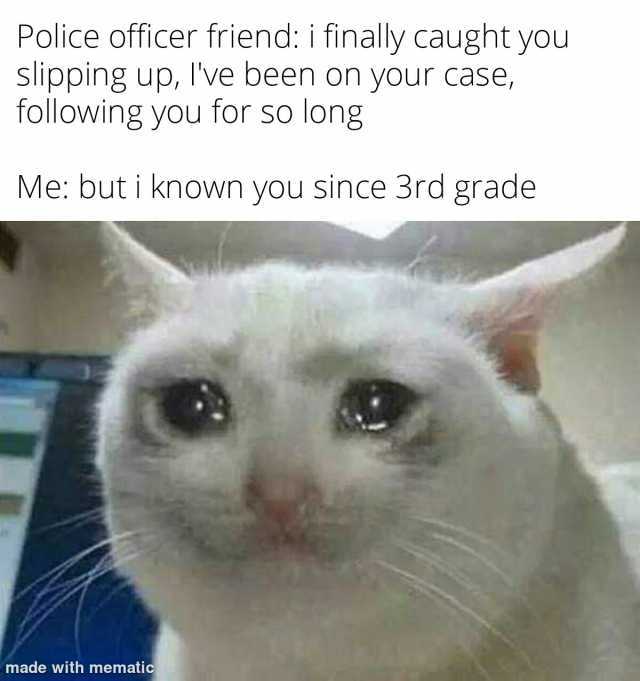 Police officer friend i finally caught you slipping up Ive been on your case following you for so long Me but i known you since 3rd grade made with mematic