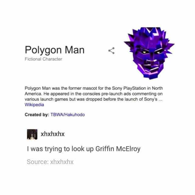 Polygon Man  Fictional Character Polygon Man was the former mascot for the Sony PlayStation in North America. He appeared in the consoles pre-launch ads commenting on various launch games but was dropped before the launch of Sonys
