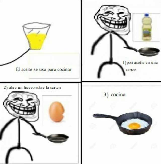 )pon acelte en una El aceite se usa para cocinar sarten 2) abre un huevo sobre la sarten 3) cocina