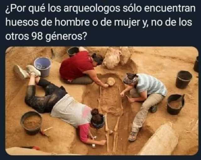 ¿Por qué los arqueologos sólo encuentran huesos de hombre o de mujer y no de los otros 98 géneros? 