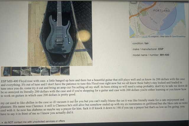 PORTLAND igh S Street craigslist- Map data o opernstreetviapp condition fair wwww make / manufacturer ESP model name / number. MH-400 ESP MH-400 Floyd rose with case. a little banged up here and there but a beautiful guitar that s